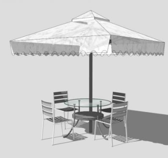 白色遮阳伞室外桌椅组合SU模型下载_sketchup草图大师SKP模型