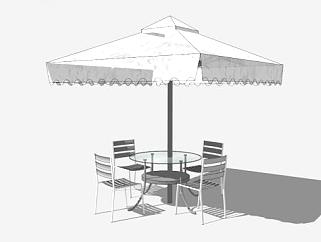 白色遮阳伞室外桌椅组合SU模型下载_sketchup草图大师SKP模型