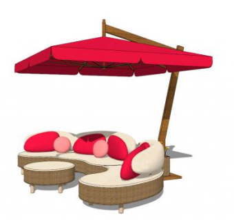 粉色遮阳伞室外桌椅组合SU模型下载_sketchup草图大师SKP模型