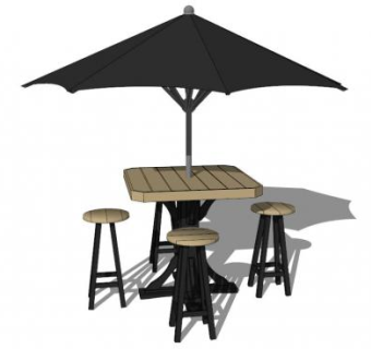 黑色遮阳伞室外桌椅SU模型下载_sketchup草图大师SKP模型