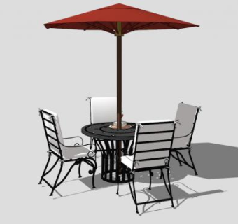 红色休闲遮阳伞室外桌椅组合SU模型下载_sketchup草图大师SKP模型