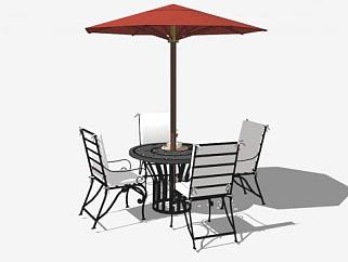 红色休闲遮阳伞室外桌椅组合SU模型下载_sketchup草图大师SKP模型