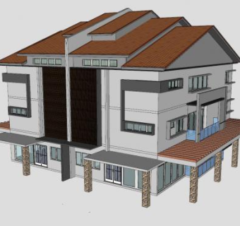 半独立式洋房建筑住宅SU模型下载_sketchup草图大师SKP模型