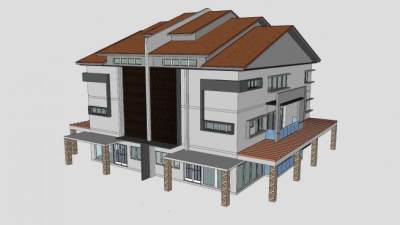 半独立式洋房建筑住宅SU模型下载_sketchup草图大师SKP模型