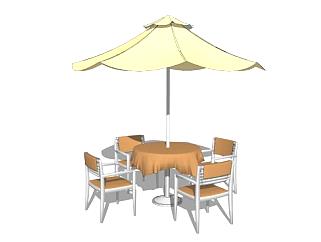 黄色遮阳伞室外桌椅组合SU模型下载_sketchup草图大师SKP模型