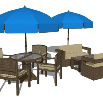 蓝色遮阳伞室外桌椅SU模型下载_sketchup草图大师SKP模型