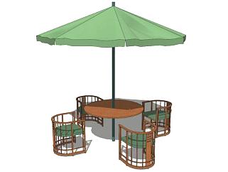 绿色遮阳伞室外桌椅SU模型下载_sketchup草图大师SKP模型