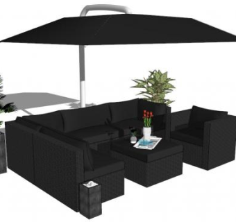 深色遮阳伞室外桌椅组合SU模型下载_sketchup草图大师SKP模型