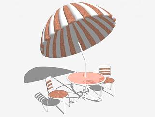 条纹遮阳伞室外桌椅组合SU模型下载_sketchup草图大师SKP模型