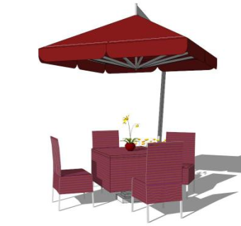 遮阳伞室外红色桌椅组合SU模型下载_sketchup草图大师SKP模型
