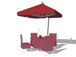 遮阳伞室外红色桌椅组合SU模型下载_sketchup草图大师SKP模型
