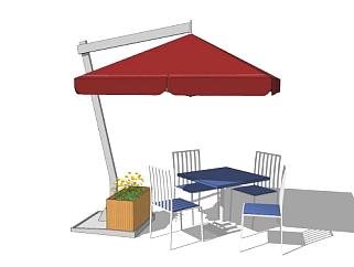 遮阳伞室外蓝色桌椅组合SU模型下载_sketchup草图大师SKP模型