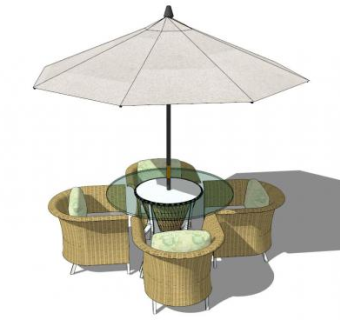 遮阳伞室外藤椅桌椅组合SU模型下载_sketchup草图大师SKP模型