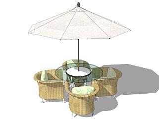 遮阳伞室外藤椅桌椅组合SU模型下载_sketchup草图大师SKP模型