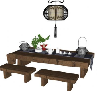 中式现代茶桌茶具SU模型下载_sketchup草图大师SKP模型