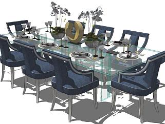 欧式蓝色玻璃餐桌椅家具SU模型下载_sketchup草图大师SKP模型