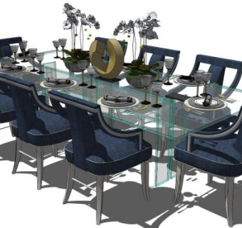 欧式蓝色玻璃餐桌椅家具SU模型下载_sketchup草图大师SKP模型