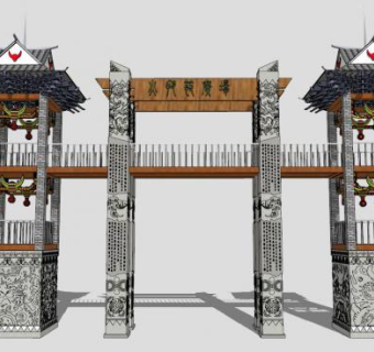 风情旅游景区大门景观入口SU模型下载_sketchup草图大师SKP模型