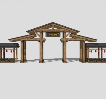 木质中式旅游景区大门景观入口SU模型下载_sketchup草图大师SKP模型