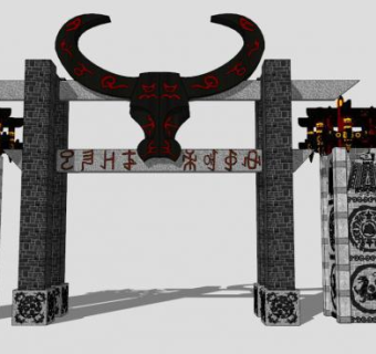 牛头旅游景区大门景观入口SU模型下载_sketchup草图大师SKP模型