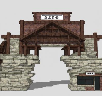 水车旅游景区大门景观入口SU模型下载_sketchup草图大师SKP模型