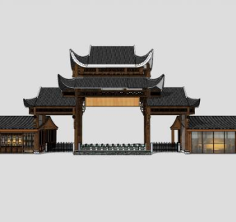 中式古建筑旅游景区大门景观入口SU模型下载_sketchup草图大师SKP模型