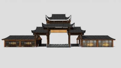 中式古建筑旅游景区大门景观入口SU模型下载_sketchup草图大师SKP模型