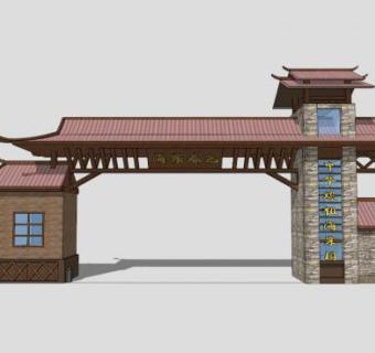 中式景区大门景观入口SU模型下载_sketchup草图大师SKP模型