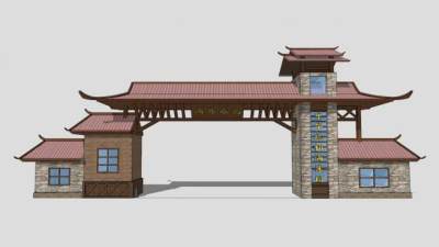 中式景区大门景观入口SU模型下载_sketchup草图大师SKP模型