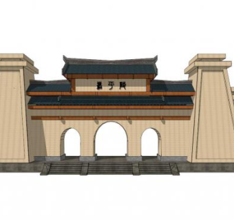 中式旅游景区大门景观入口SU模型下载_sketchup草图大师SKP模型