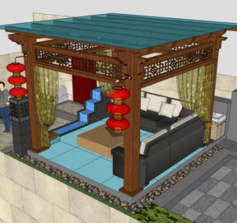 中式庭院凉亭亭子SU模型下载_sketchup草图大师SKP模型