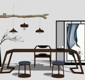 简单新中式桌椅组合SU模型下载_sketchup草图大师SKP模型