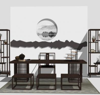 水墨新中式桌椅组合SU模型下载_sketchup草图大师SKP模型