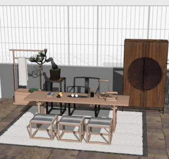 现代新中式桌椅组合SU模型下载_sketchup草图大师SKP模型