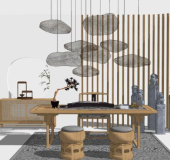 新中式茶桌椅组合SU模型下载_sketchup草图大师SKP模型