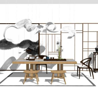 新中式禅意桌椅组合SU模型下载_sketchup草图大师SKP模型