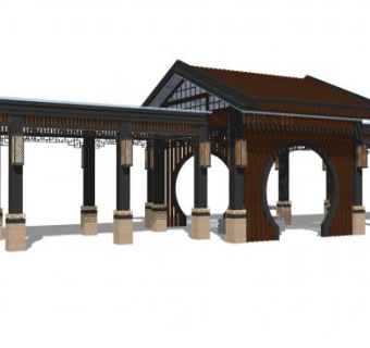 中式亭子长廊连廊SU模型下载_sketchup草图大师SKP模型