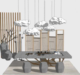 新中式大理石桌椅组合SU模型下载_sketchup草图大师SKP模型