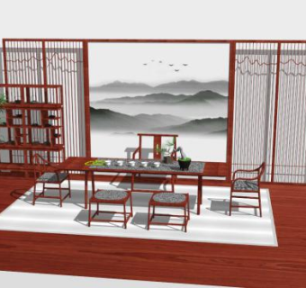 新中式红色桌椅组合SU模型下载_sketchup草图大师SKP模型