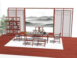 新中式红色桌椅组合SU模型下载_sketchup草图大师SKP模型