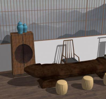 新中式木雕桌椅组合SU模型下载_sketchup草图大师SKP模型