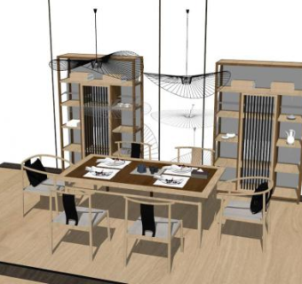 新中式木质桌椅组合SU模型下载_sketchup草图大师SKP模型