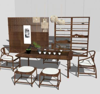新中式木桌椅组合SU模型下载_sketchup草图大师SKP模型