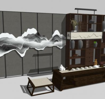 新中式屏风博古架桌椅组合SU模型下载_sketchup草图大师SKP模型