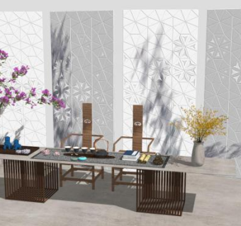 新中式书房桌椅组合SU模型下载_sketchup草图大师SKP模型