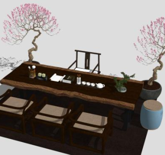 新中式书桌椅组合SU模型下载_sketchup草图大师SKP模型