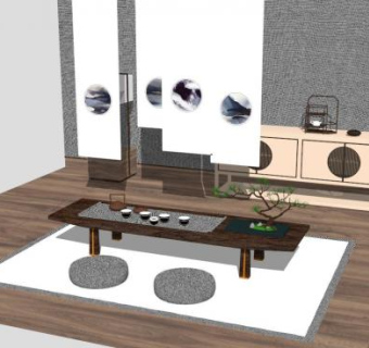 新中式水墨桌椅组合SU模型下载_sketchup草图大师SKP模型