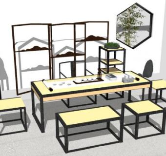 新中式现代桌椅组合SU模型下载_sketchup草图大师SKP模型