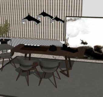 新中式休闲桌椅组合SU模型下载_sketchup草图大师SKP模型