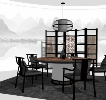 新中式圆桌椅组合SU模型下载_sketchup草图大师SKP模型